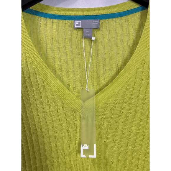 JCP Colorblock V-Neck Sweater XL Lime Green Blue Linen Cotton Blend Ribbed Knit - Picture 3 of 5